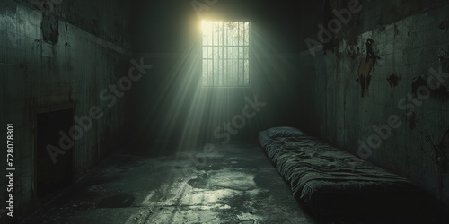 Gefängnis Zelle mit Matraze auf dem dreckigen Boden und Gitterfenster, ai generativ photo