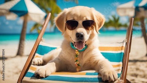 dog on the beach A golden retriever puppy with a comical expression, wearing oversized sunglasses and a lei, lounging   © Jared