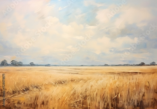 Oil art painting of country field in vintage