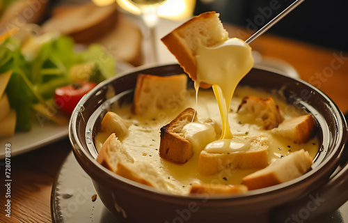 Golden cheese fondue with a bread piece being dipped, in a terracotta pot. photo