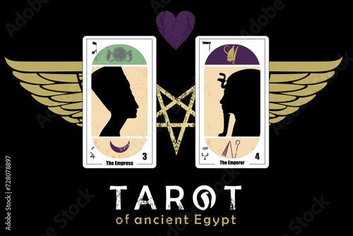 Tarot of ancient Egypt. T-shirt design of the cards called The Empress and The Emperor along with a star, wings and a heart