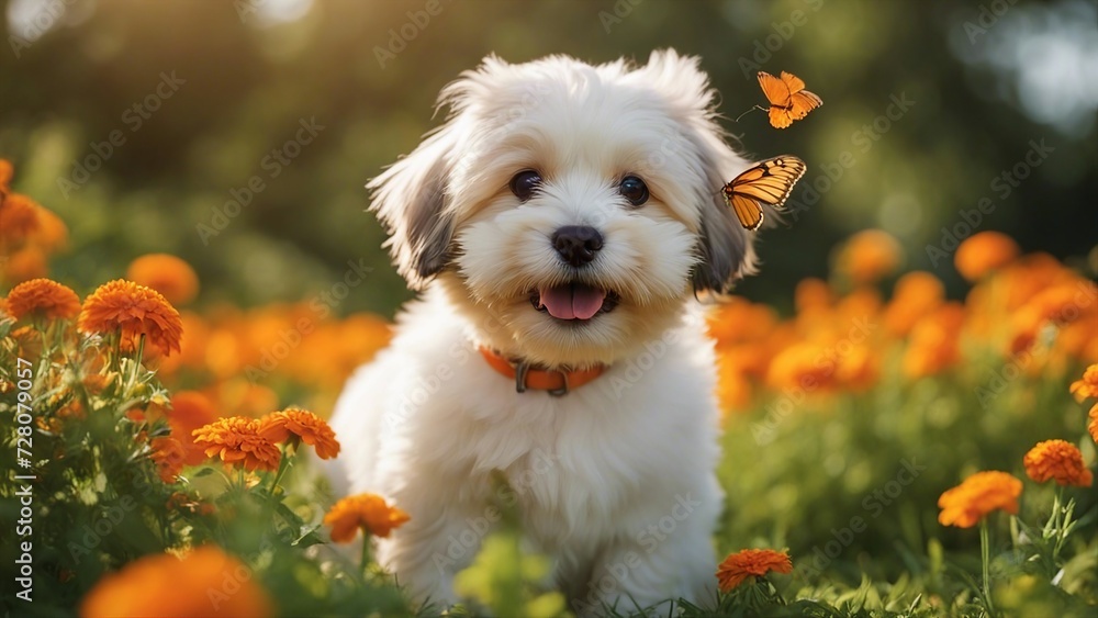golden retriever puppy An endearing Havanese puppy with bright eyes, nestled among orange marigolds and green grass,   