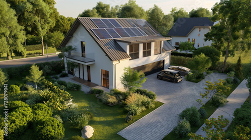 Generate a detailed and realistic image of a modern suburban house, highlighting its eco-friendly features with a state-of-the-art photovoltaic system on the gable roof, a well-maintained landscaped y