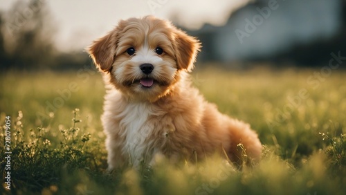 golden retriever puppy Happy little orange havanese puppy dog is sitting in the grass 