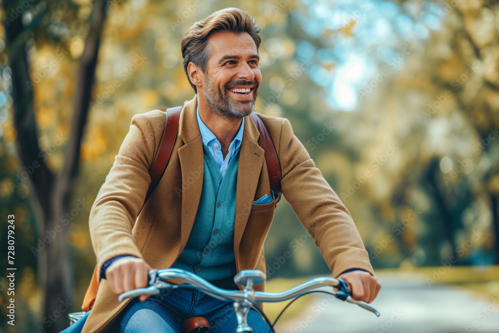 Caucasian Businessman Riding a Bike to Work Smiling. Mid-Aged Man Cycling Outdoors .Sustainable Transportation Concept.