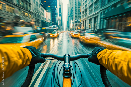 Long Exposure Image of Point of View of a Person Riding a Bike in New York City. Exploring New York Cycling. Lifestyle Concept. photo