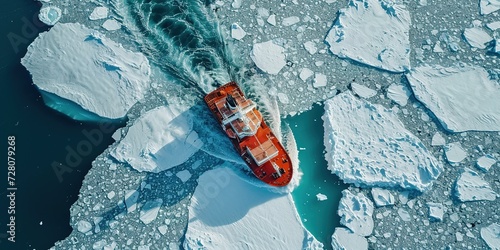 Icebreaker ship cruising through the arctic ice floes in Greenland photo