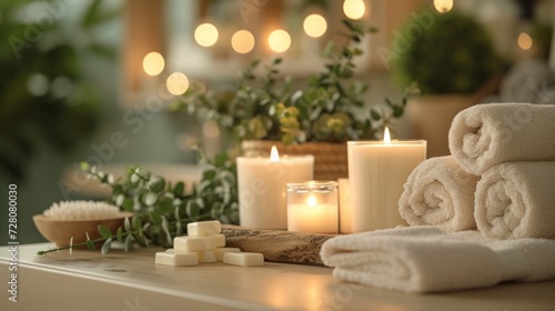Atmosphere of relaxation and tranquility that embodies the essence of a spa retreat, beauty treatment items for spa procedures. photo