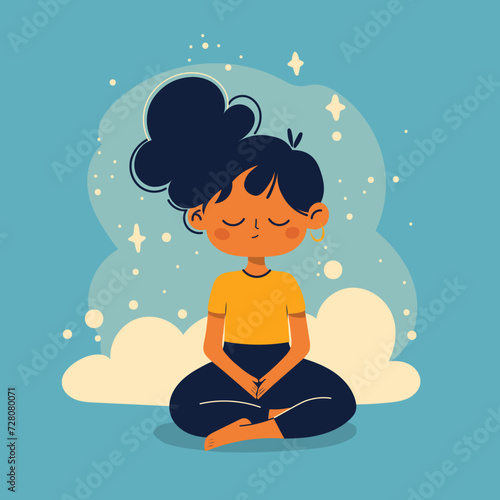  Dreamy girl meditating with closed eyes sitting in lotus posture, with clouds and stars. Flat illustration