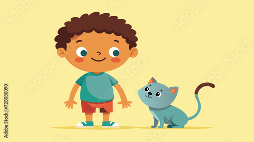 Boy Standing Next to Cat on Yellow Background