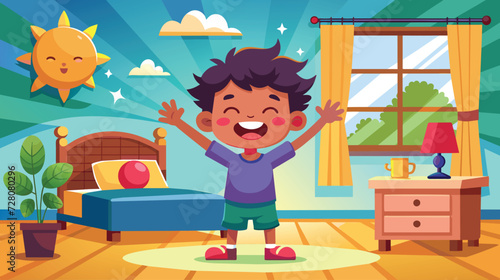 Little Boy Standing in Bedroom With Hands Raised