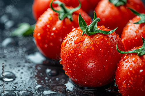 Ripe tomato fruits in water, splashes. © Olga Gubskaya
