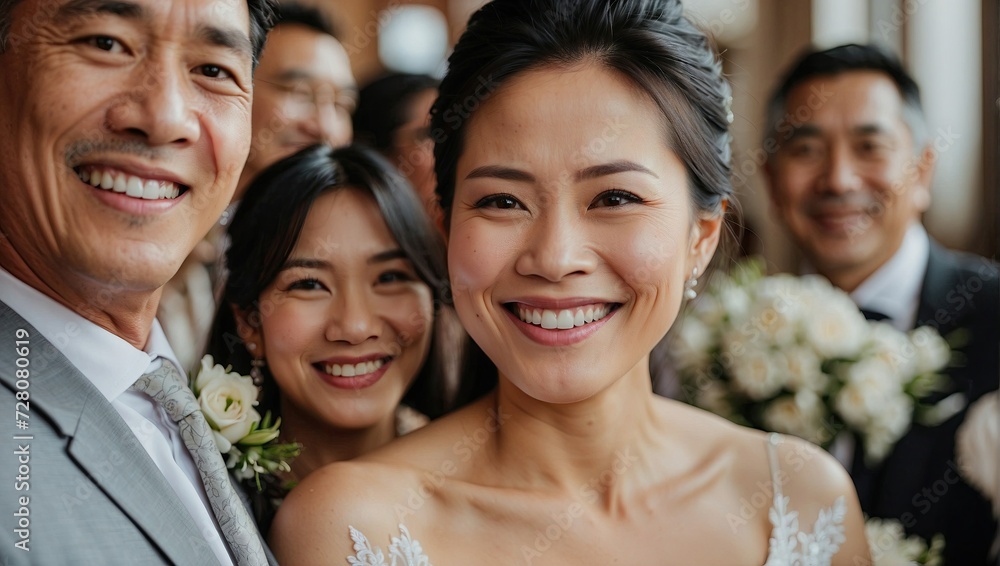 Joyful Asian bride taking a close-up selfie at her wedding, surrounded by guests and flowers. Joyful Asian bride taking a close-up selfie at her wedding, surrounded by guests and flowers.