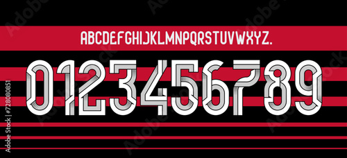 font vector team 2024 - 2025 kit sport style font. football style font with lines. flamengo font. The Mengao. sports style letters and numbers for soccer team. league Brazil. photo