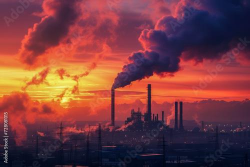 Dramatic sunset casting a silhouette over the smokestacks of an industrial plant. reduction of carbon dioxide emissions