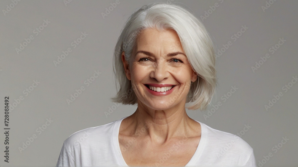 Natural beautiful happy middle aged woman with grey bob hairstyle. Natural beautiful happy middle aged woman with grey bob hairstyle.