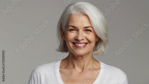 Natural beautiful happy middle aged woman with grey bob hairstyle.