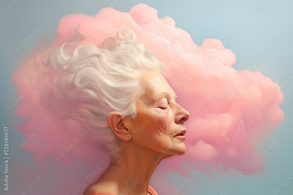 Old woman with her head in cloud. Concept of memory loss, dementia, decreased mind function. Loneliness, time flow, depression, mental health concept. Psychology theme, dreaming. Alzheimer's disease