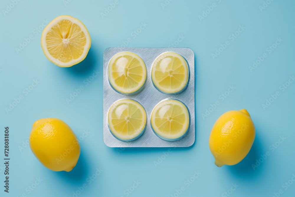 Blister with lemon slices as pills. Lemons instead of tablets. Natural Vitamin C supplement. Immune system boost. Tablets, pharmacy, medicine, vitamins. Health and medicine, sports nutrition concept