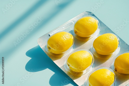 Blister with lemons as pills. Lemon fruits instead of tablets. Natural Vitamin C supplement. Immune system boost. Tablets, pharmacy, medicine, vitamins. Health and medicine, sports nutrition concept