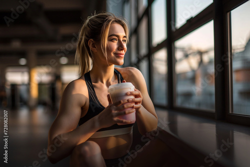 Fit young woman in gym drinking protein cocktail. Athletic girl in sportswear holding a shaker with healthy drink. Protein shake. exercising concept. Fitness and healthy lifestyle, sports nutrition