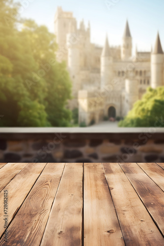 Empty wooden table with a blurred historical castle in the distance.