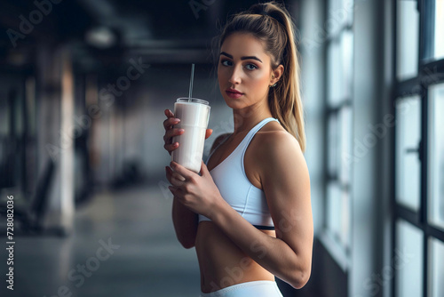 Fit young woman in gym drinking protein cocktail. Athletic girl in sportswear holding a shaker with healthy drink. Protein shake. exercising concept. Fitness and healthy lifestyle, sports nutrition photo