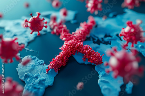 Close up of virus cell, x-shaped symbol of Disease X on world map of the spread of virus infection. Virus cells under microscope. Red X sign for dangerous new pandemic virus. Waiting for next pandemic