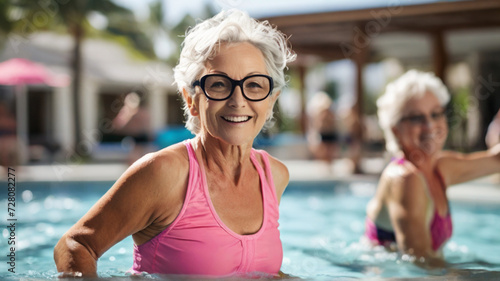 Active mature woman in 60s enjoying aqua gym class, maintaining a healthy lifestyle at a retirement community