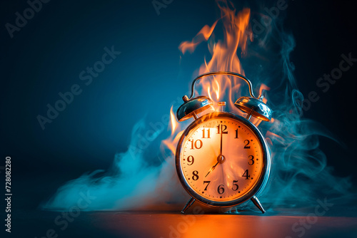Burning alarm clock. Time out or deadline pressure concept, lack of time. Clock on fire, hot sale, discounts, shopping time, countdown. Oversleep, waste of time, insomnia. Time is ending, running out. photo