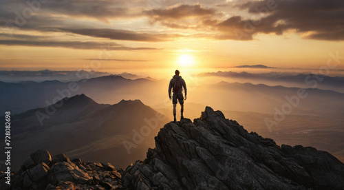 Hiker standing on the top of peak and looking at majestic sunset of wild unapproachable mountain range. Adventure in nature concept.  © triocean