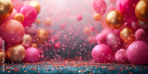 Viele fliegende Luftballons in pink und gold mit Konfetti und Textfreiraum, ai generativ