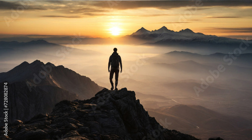 Hiker standing on the top of peak and looking at majestic sunset of wild unapproachable mountain range. Adventure in nature concept. 