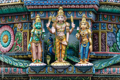 Colored decorations and statues on the exterior of the Hindu Temple Sri Maha Mariamman Temple ("Wat Phra Si Maha Umathewi") on Si Lom Road in Bangkok, Thailand. Built in 1879. 
