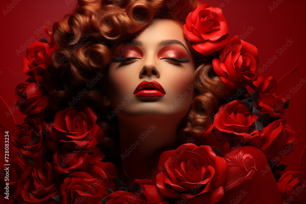 Elegance in Red: A Harmony of Roses and Curls Elegance in Red: A Harmony of Roses and Curls