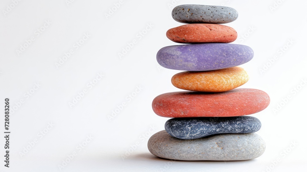 Pebbles balancing on white background. Sea pebble. Colorful pebbles. For banner, wallpaper, meditation, yoga, spa, the concept of harmony, balance. Copy space for text Pebbles balancing on white background. Sea pebble. Colorful pebbles. For banner, wallpaper, meditation, yoga, spa, the concept of harmony, balance. Copy space for text