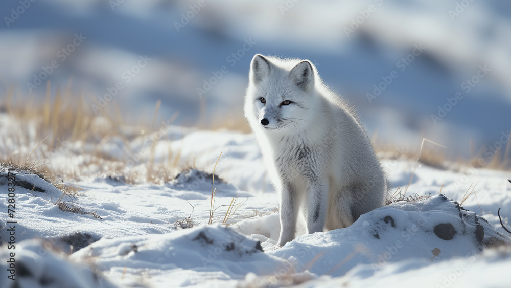 Fototapeta premium Arctic Fox Cub: A Snowy Encounter