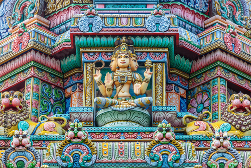 Colored decorations and statues on the exterior of the Hindu Temple Sri Maha Mariamman Temple   Wat Phra Si Maha Umathewi   on Si Lom Road in Bangkok  Thailand. Built in 1879. 
