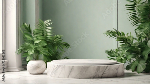 White granite stone pedestal, simple round stand with green tropical plants around. Product presentation concept. 