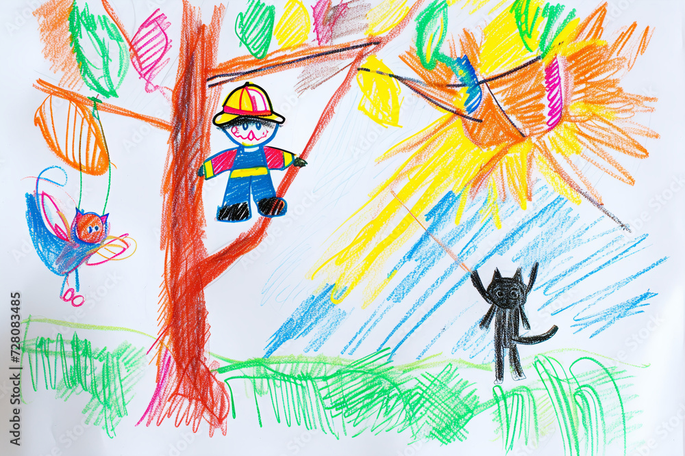 Naklejka premium Brave firefighter saving a kitten from a tree 4 year old's simple scribble colorful juvenile crayon outline drawing