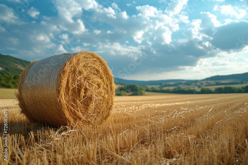 Hay is rolled into a cylindrical sheaf. Background with selective focus and copy space