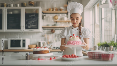 Pastry chef girl in white cloth bakes cream sweet cake in light interior. A girl puts strawberry decorations on sweet cake
