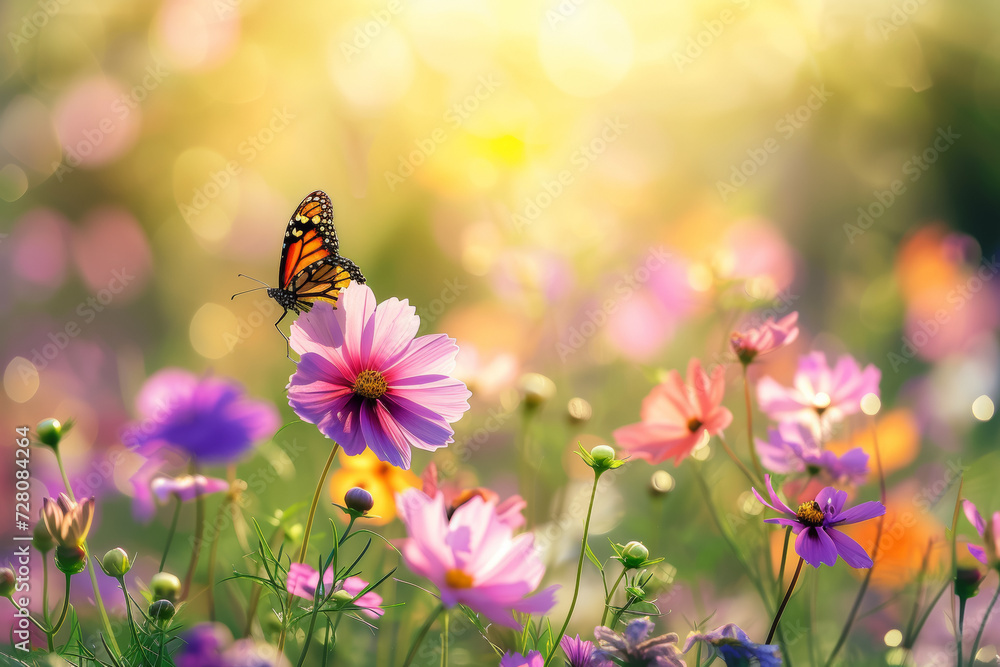 Butterfly on a spring meadow. Background with selective focus and copy space