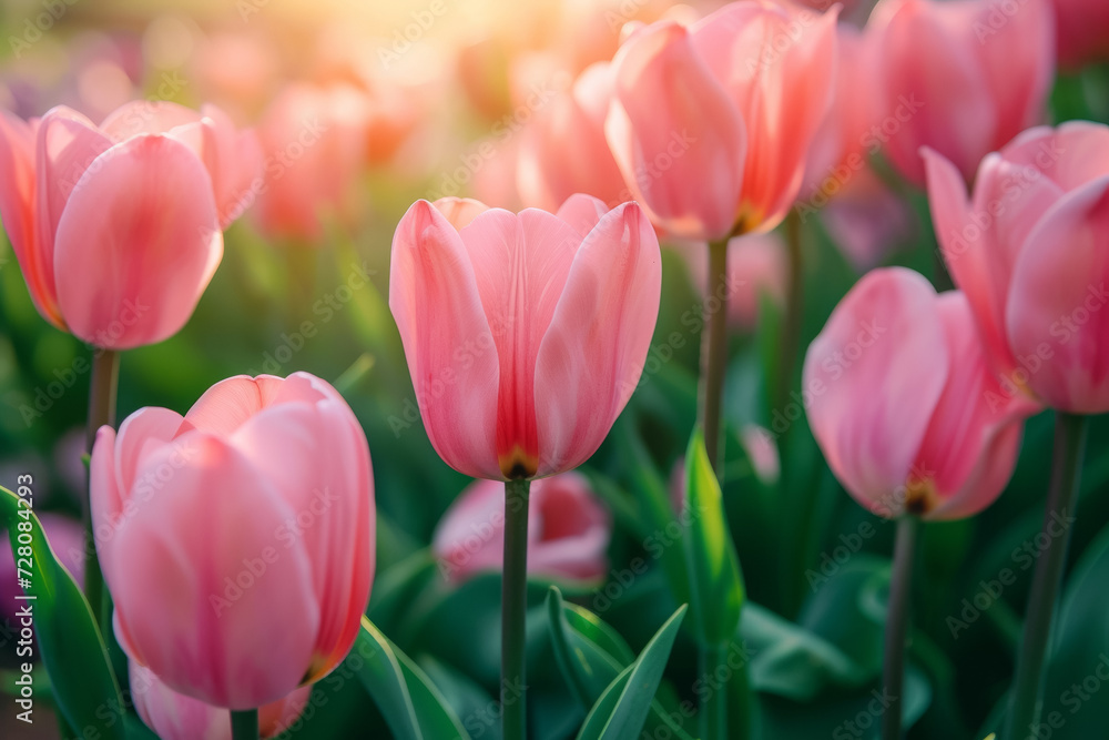 Spring tulips with sunlight. Background with selective focus and copy space