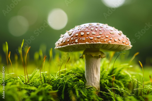 Fly agaric in the forest. Background with selective focus and copy space