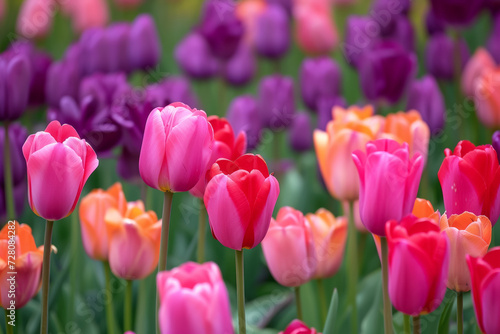 Flowerbed with spring tulips. Background with selective focus and copy space