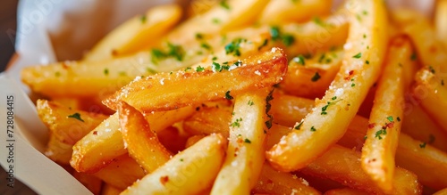 Deliciously Crispy French Fries with a Mouthwatering Macro Shot of Garlic and Herb Infusion