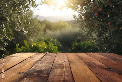 an empty boardwalk on a blurred background of olive trees. a mockup for displaying your product outdoors.