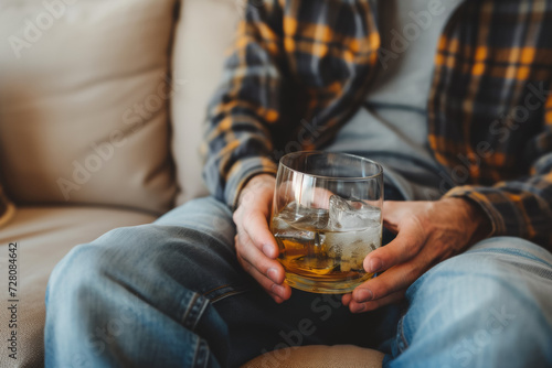 Alcoholic sitting on the sofa with a glass of alcohol, alcoholism concept. Background with selective focus photo
