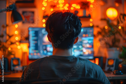 Anxious young Asian man observing ransomware attack words on his computer screen at home from behind © Gonzalo